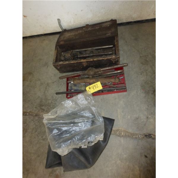 TOOLBOX, QTY OF TAP DIE SET, PIPE CUTTER, 2 TIRE TUBES