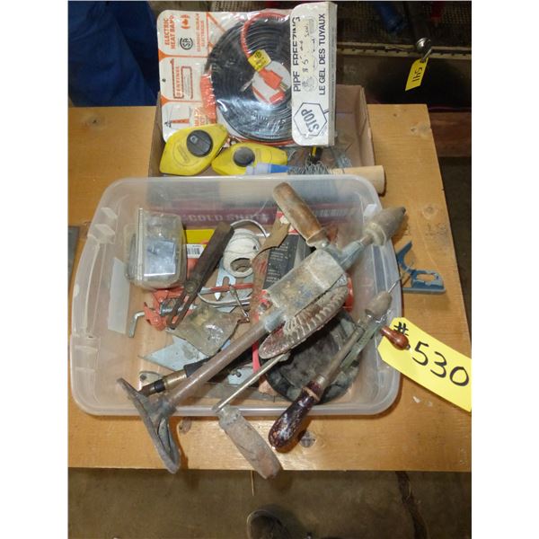 2 VINTAGE HAND DRILLS, 2 CHAULK LINES, HEAT TAPE, ASSRT. TOOLS