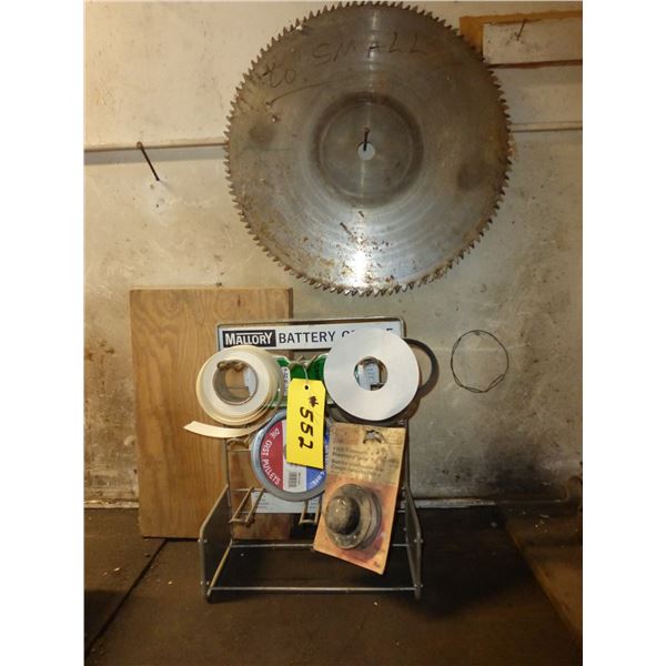 LARGE SAW BLADE (20" X 1 1/8"), DISPLAY C/W PULLEYS, TAPES
