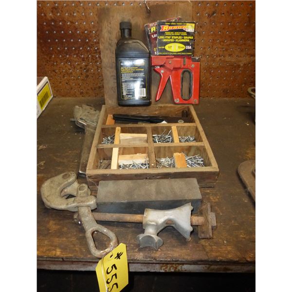 STAPLER GUNS, RIVET KIT, SHARPENING STONE AND 2- CLAMPS