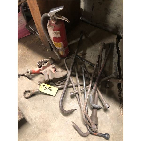 OLD VICE, PIPE HOLDER, TIRE IRONS, FIRE EXTINGUISHER