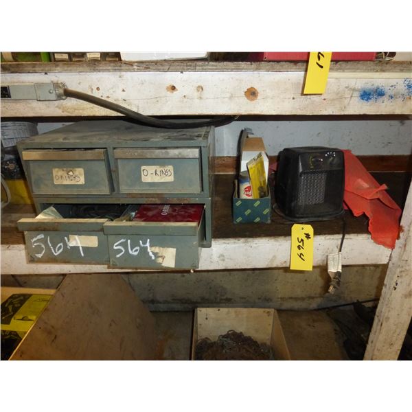 METAL CABINET, O-RINGS, LEATHER PUNCHES, SMALL CERAMIC HEATER, TIRE PATCHES