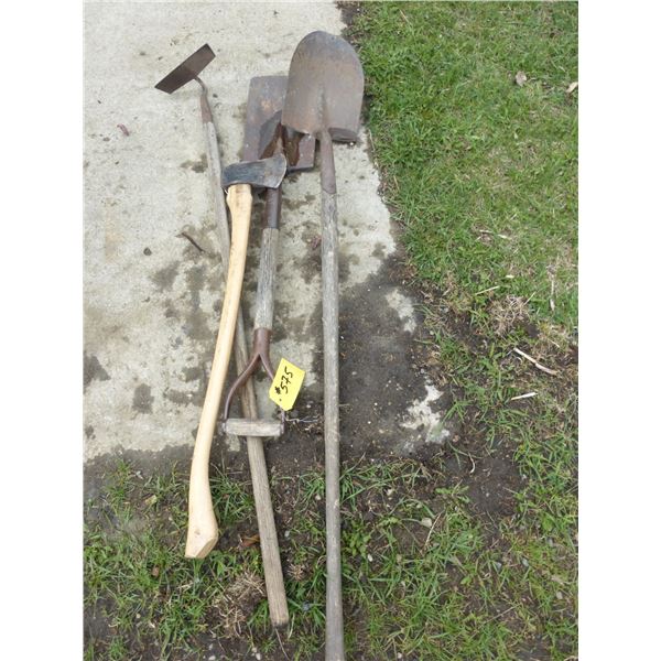 2 SHOVELS, AXE, HOE