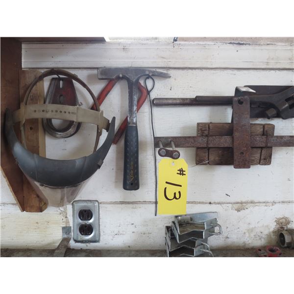 CLAMPS, DIES, ALLEN WRENCHES, METAL PEN, THREADERS (ON WALL)