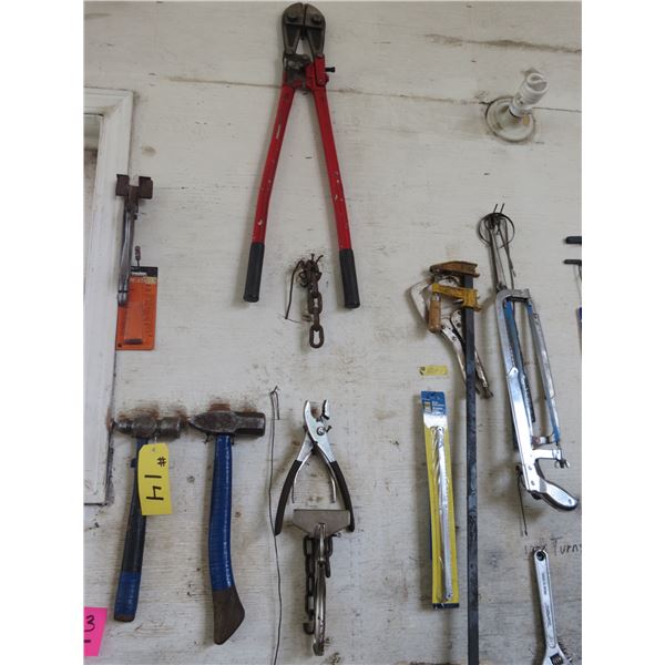 HAMMERS, BOLT CUTTERS, CLAMPS, MALLET, HACK SAW & MISC. (ON WALL)