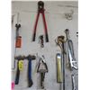 Image 1 : HAMMERS, BOLT CUTTERS, CLAMPS, MALLET, HACK SAW & MISC. (ON WALL)