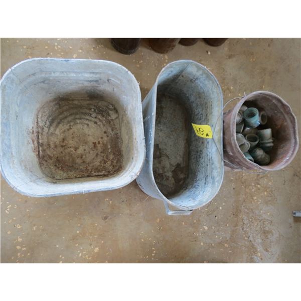 2 - GALVANIZED WASH TUBS, GLASS INSULATORS