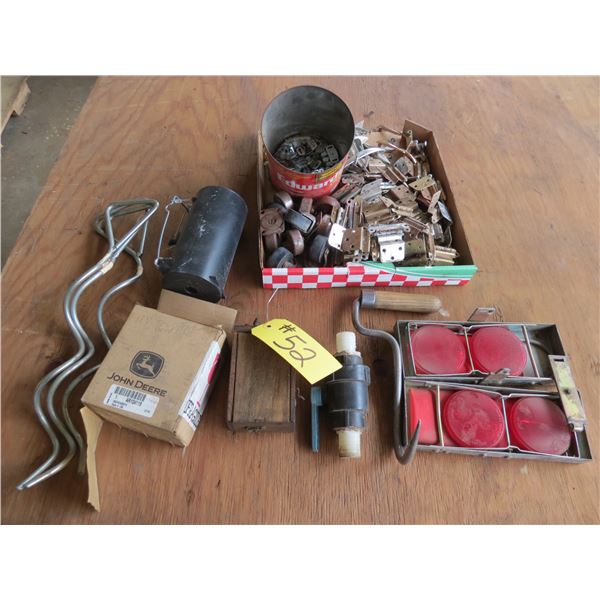 BALE HOOK, SAFETY LIGHTS, MOLE TRAP, ASSORTED HARDWARE & WHEELS, MAG.