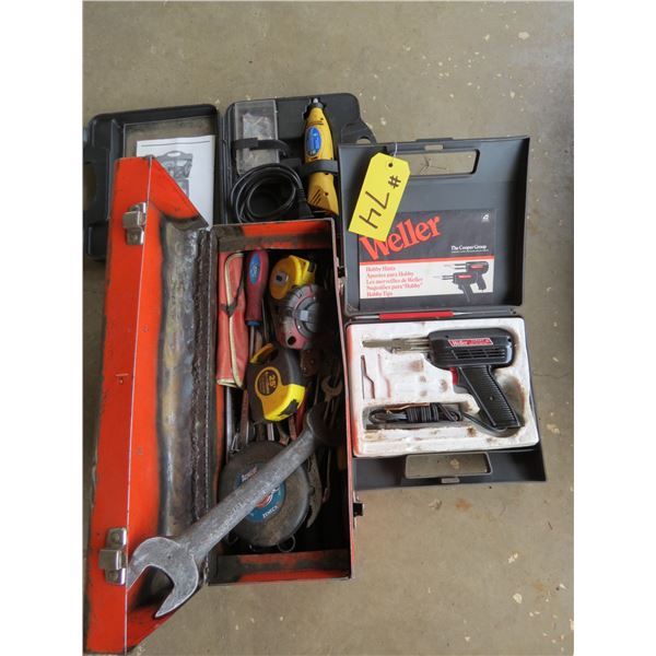 SANDER, DREMEL, RED TOOLBOX WITH MISC TOOLS