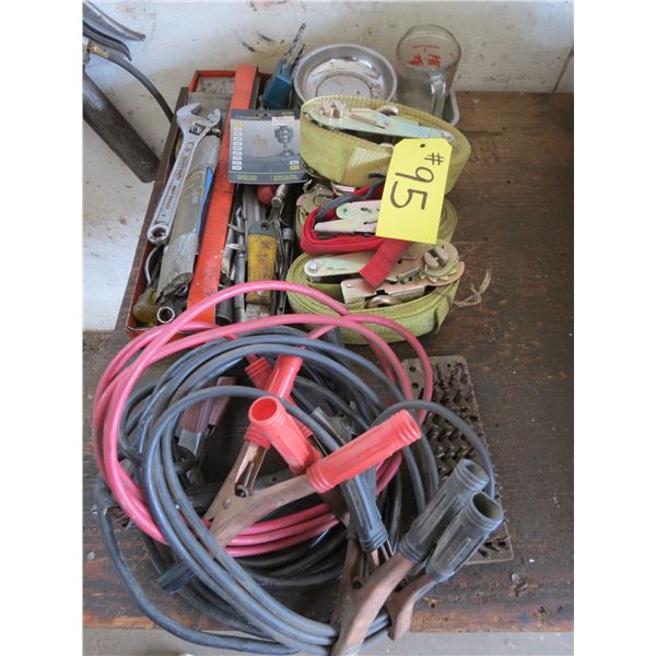 RATCHET STRAPS, BOOSTER CABLE, WIRE BRUSHES AND TOOLS