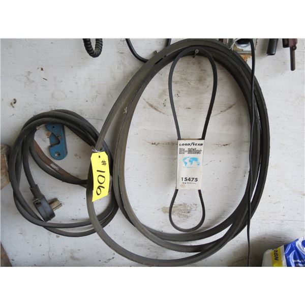 VARIOUS BELTS, TIRE GAUGE, PRESSURE GAUGE (ON WALL)