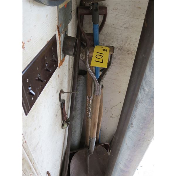 2 SCOOP SHOVELS, EXTENSION MAGNET, AXE, 2" METAL PIPES