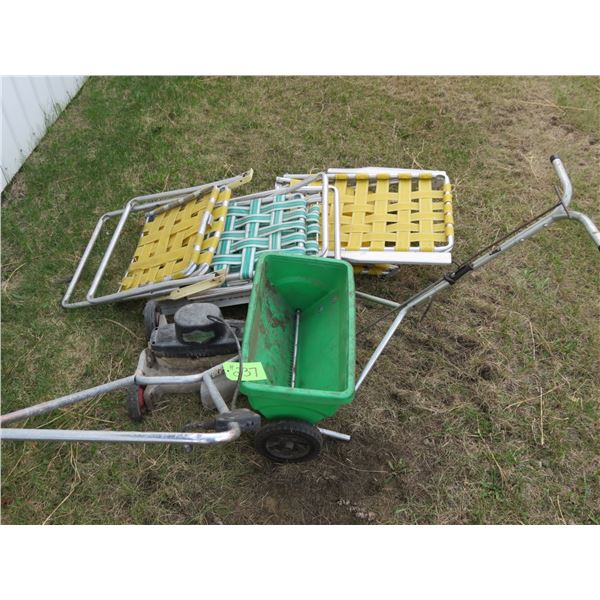 SPREADER, OLD ELEC. VIKING MOWER (RUNS) AND CHAIRS