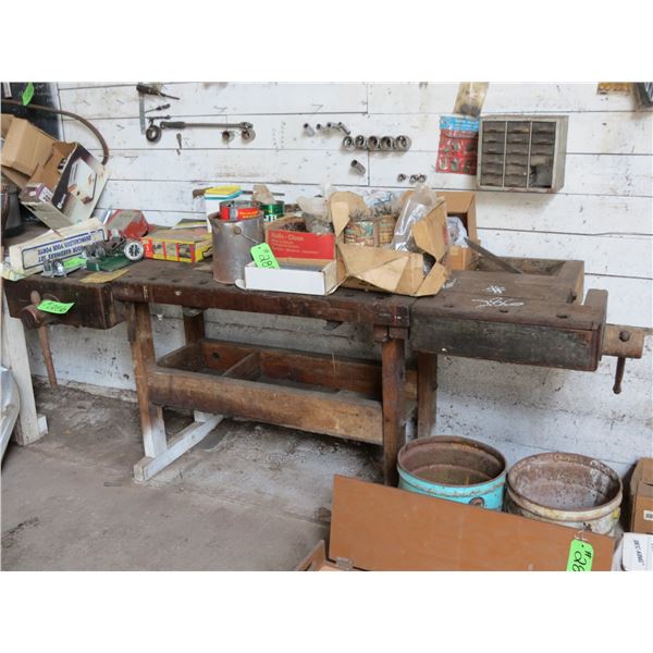 OLD WOOD TABLE C/W WOOD VISE
