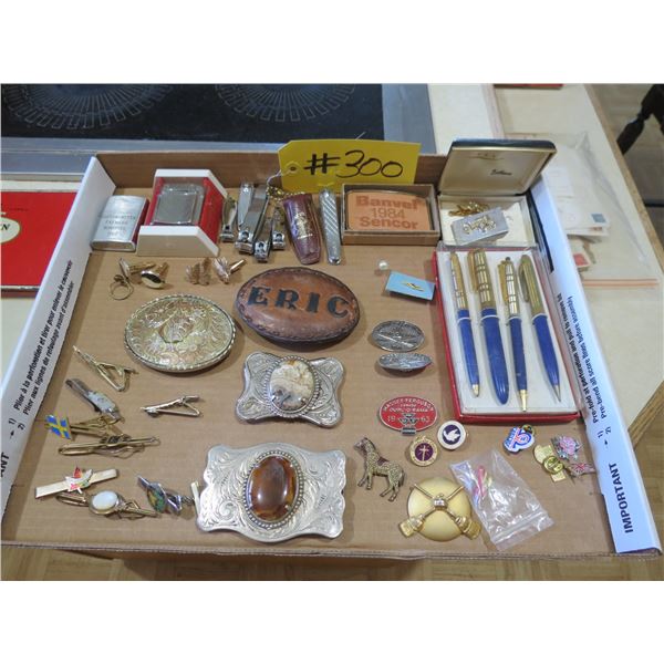 MF PIN AND BUCKLE, FISHER BUTANE LIGHTER, 2- CIGARETTE TINS, ASSRT. OF BELT BUCKLES, ETC.