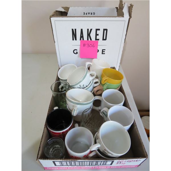 QTY OF MUGS AND GLASSWARE, 2- GLASS MEASURING CUPS