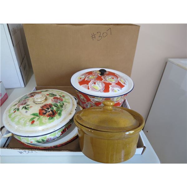 7- VARIOUS PLASTIC PITCHERS, 2- METAL LUCKY ELEPHANT COVERED BOWLS, CERAMIC POT WITH LID