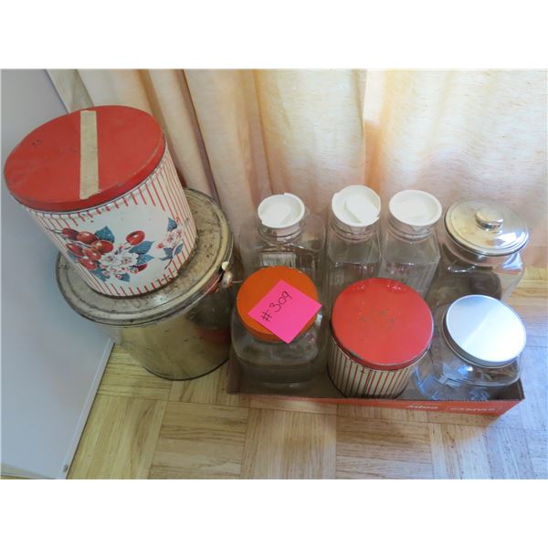 3- TINS, 3- GLASS JARS AND 3- GLASS PITCHERS