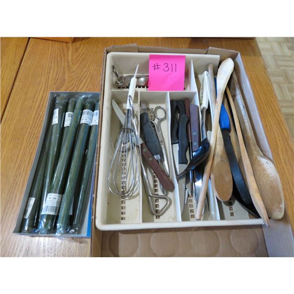 TRAY OF WOODEN SPOONS, SERATED KNIVES, WHISK, CAN OPENER, TONG AND SCISSORS