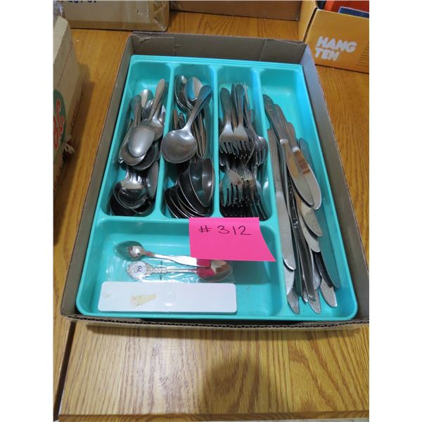3- COLLECTROR SPOONS - 60 YR & 70 YR WESTERN PRODUCER, ASELE SPOON, CUTTLERY TRAY C/W SILVERWARE