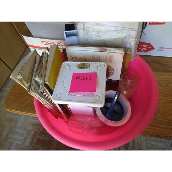 KITCHEN SCALE, ASSRT. COOK BOOKS, PLASTIC TUMBLERS AND HAMBURGER PRESS