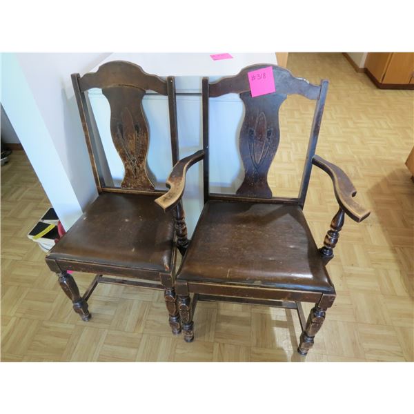 2- WOODEN CHAIRS C/W LEATHER SEATS (1- HAS ARMS)