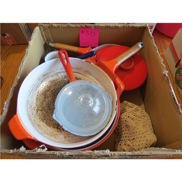 ASSRT. CAST IRON POTS AND PANS, TIN GRAVY BOAT