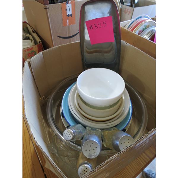 SERVING BOWLS, SALT & PEPPER SHAKERS, DIVIDED SERVING TRAY AND METAL TRAY