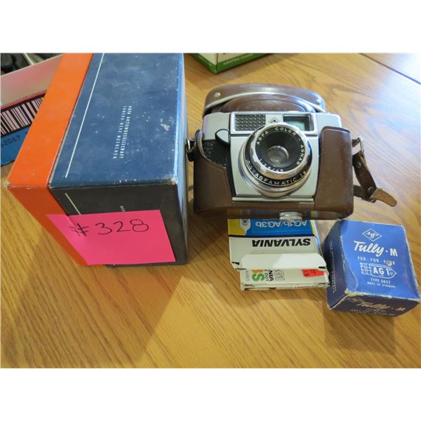 AGFAMATIC CAMERA AND CASE, 1- ROLL OF FILM IN BOX, 2- BOXES OF FLASH BULBS