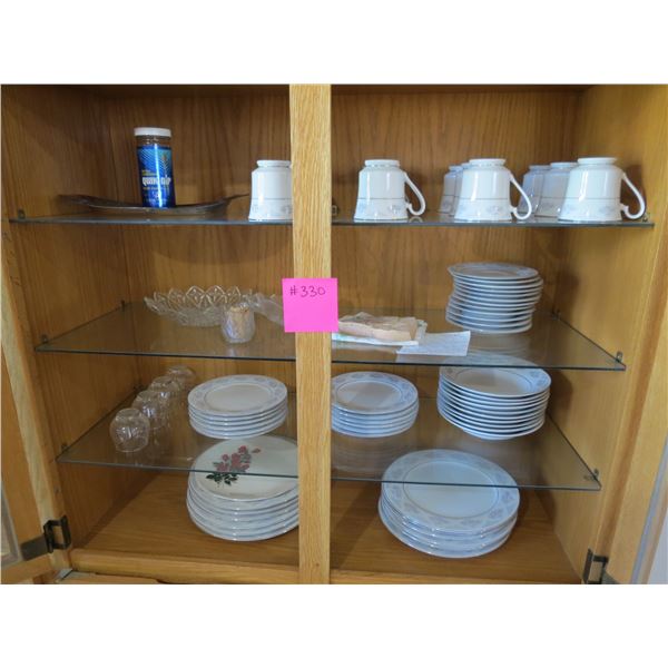 58 PC SET PORCELAIN DINNERWARE SET, 4- SMALL GLASSES, 2- GLASS TRAYS, ETC