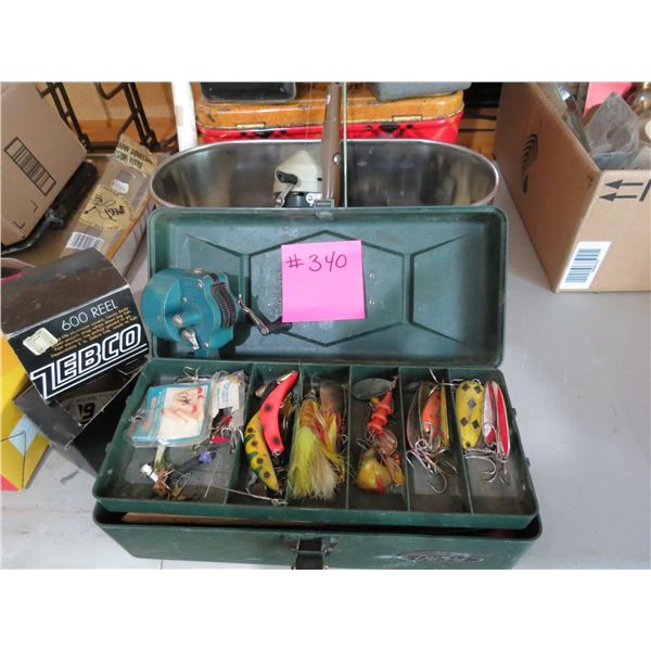 PICNIC BASKET, CURLING BROOM, FISHING RODS, REEL, TACKLE BOX C/W HOOKS, 2- LUNCH BOXES