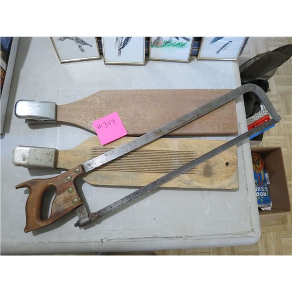 2- FISH SCALING BOARDS AND MEAT SAW