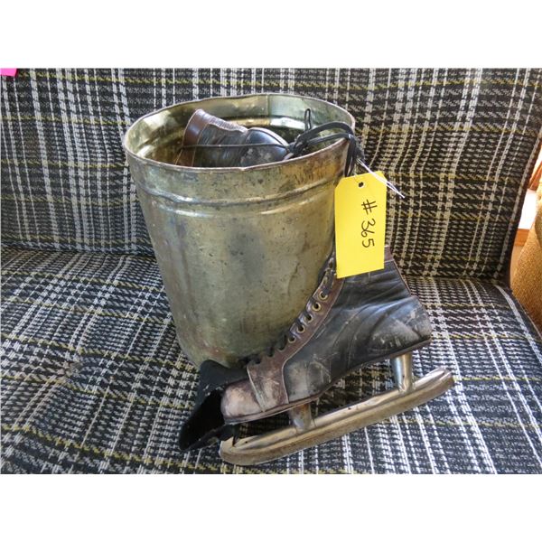OLD TIN AND PAIR OF DR. CLARKS MEN'S SKATES