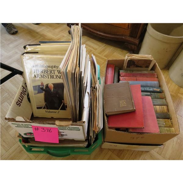 BOX OF GOOD NEWS MAGAZINES AND HERBERT ARMSTRONG'S AUTOBIOGRAPHY, 2- BOXES OF HARD COVER BOOKS
