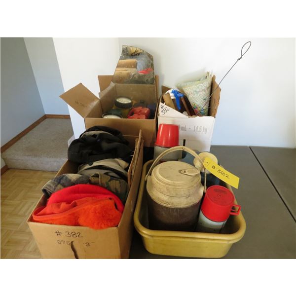 4- BOXES OF CAPS AND BOX OF FLASHLIGHTS, THERMOSES AND ASSRT. HOUSEHOLD ITEMS