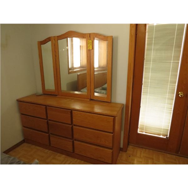 9 DRAWER DRESSER C/W MIRROR, NIGHT TABLE, BED, 5 DRAWER DRESSER