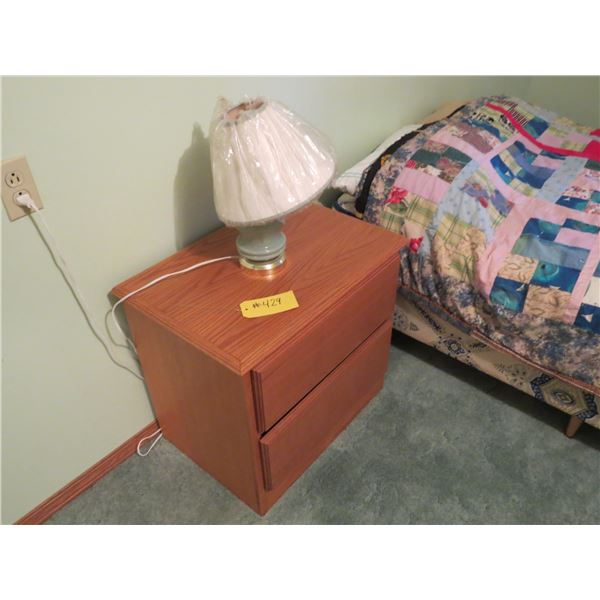 BED, NIGHT TABLE, 9 DRAWER DRESSER C/W MIRROR, 5 DRAWER DRESSER AND LAMP