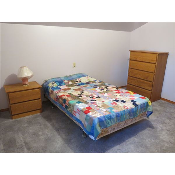 BED, NIGHT TABLE, 9 DRAWER DRESSER C/W MIRROR, 5 DRAWER DRESSER AND LAMP