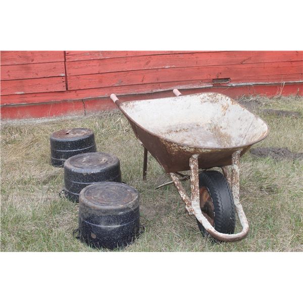 WHEEL BARROW AND 3- BUCKETS