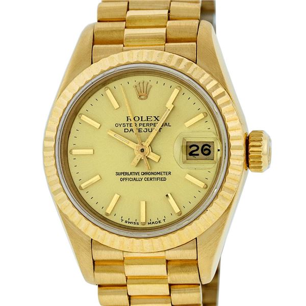 Rolex Ladies 18K Yellow Gold Champagne Index Quickset Datejust President Wristwa