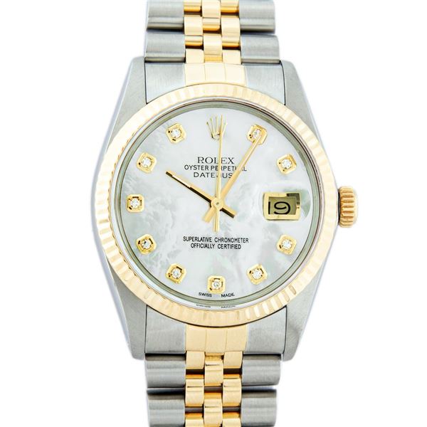 Rolex Mens 2 Tone Mother Of Pearl VS Diamond 36MM Datejust Wristwatch