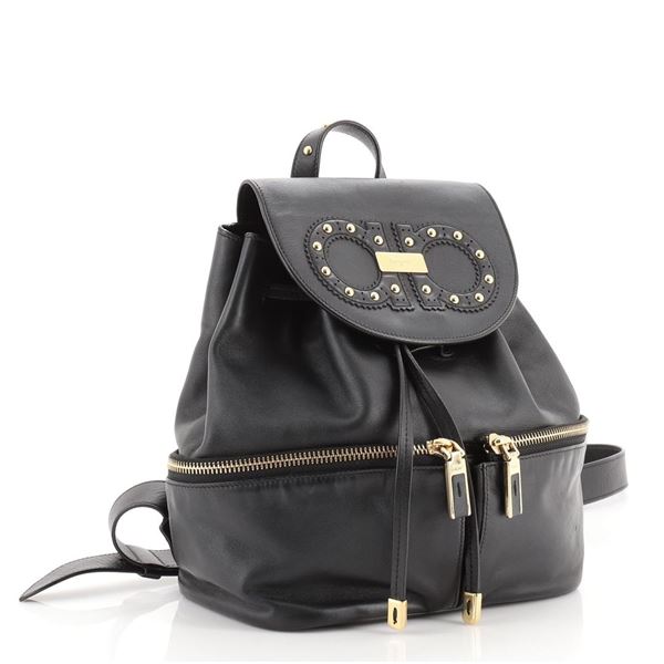 Salvatore Ferragamo Gancini Flap Drawstring Backpack Leather Mini Black