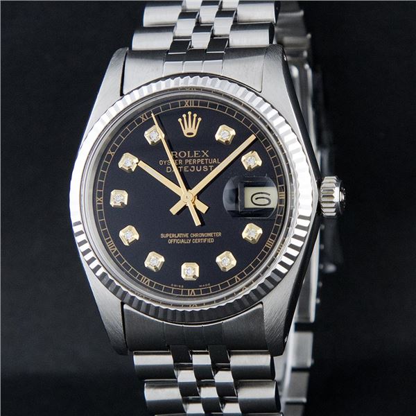 Rolex Mens Stainless Steel 36MM Black Diamond Datejust Wristwatch