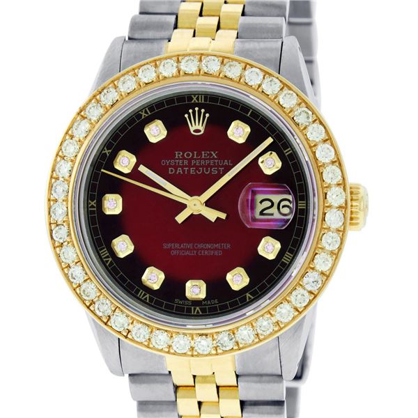 Rolex Mens 2T 18K Red Vignette 2.5 ctw Diamond Datejust Wristwatch