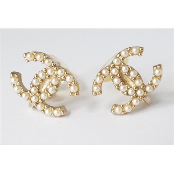 Chanel Gold-tone Faux Pearl Crystal CC Stud Earrings