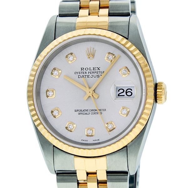 Rolex Mens 2 Tone Silver Diamond Oyster Perpetual 36MM Datejust Wriswatch