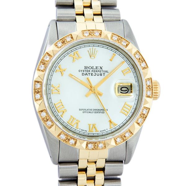 Rolex Mens 2 Tone MOP Roman Pyramid Diamond Bezel Datejust Wristwatch