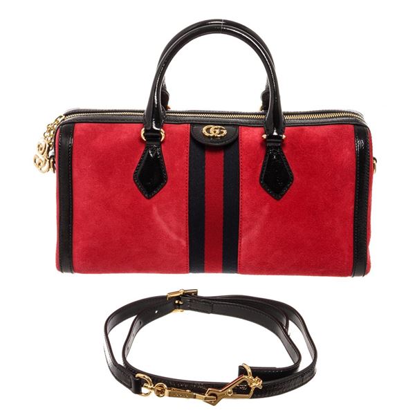 Gucci Red Suede Black Leather Ophidia Medium Boston Handbag