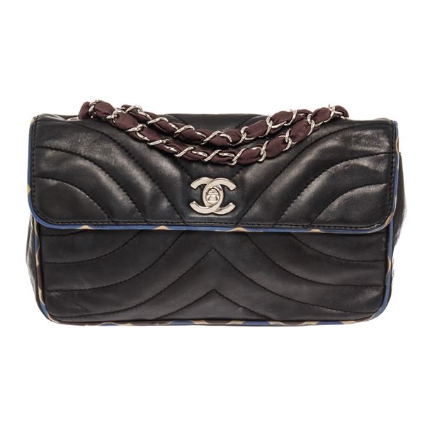 Chanel Black Quilted Lambskin Leather Chevron Silk Trim Flap Shoulder Bag