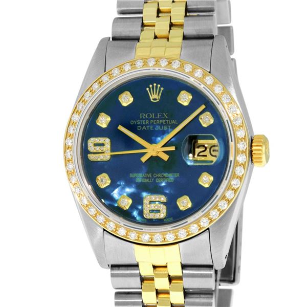 Rolex Mens 2 Tone Blue MOP Diamond 36MM Datejust Wristwatch